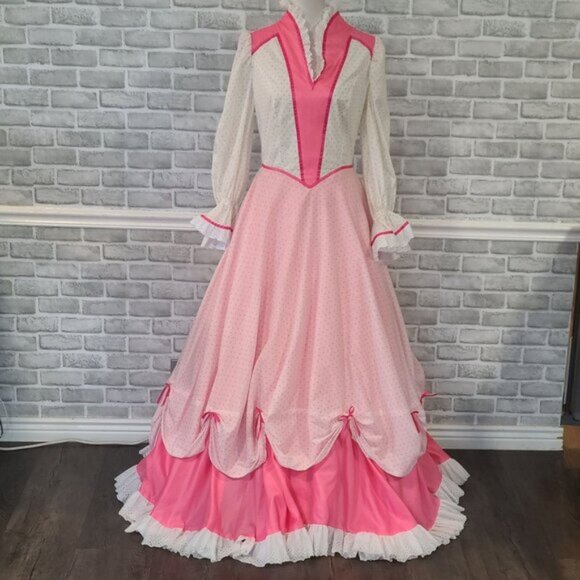 Vintage Pink 70s Dress Gown Prairie Cottage Victorian Period Costume Handmade - Picture 1 of 9